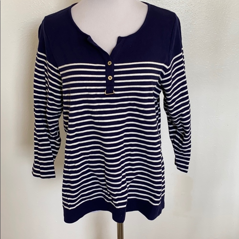 Allison Daley Petite Navy White Striped Henley Top PL